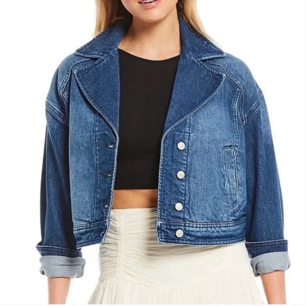 We the Free Free People Now or Never‎ Cropped Denim Jacket Size Small Oversized